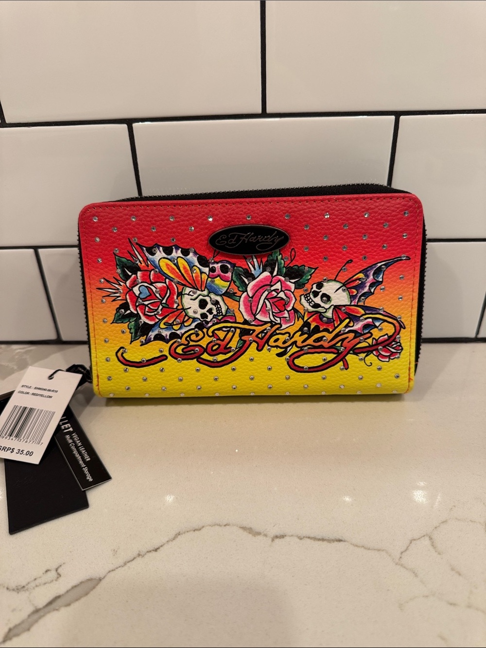Ed Hardy skull roses double zip wristlet wallet NWT